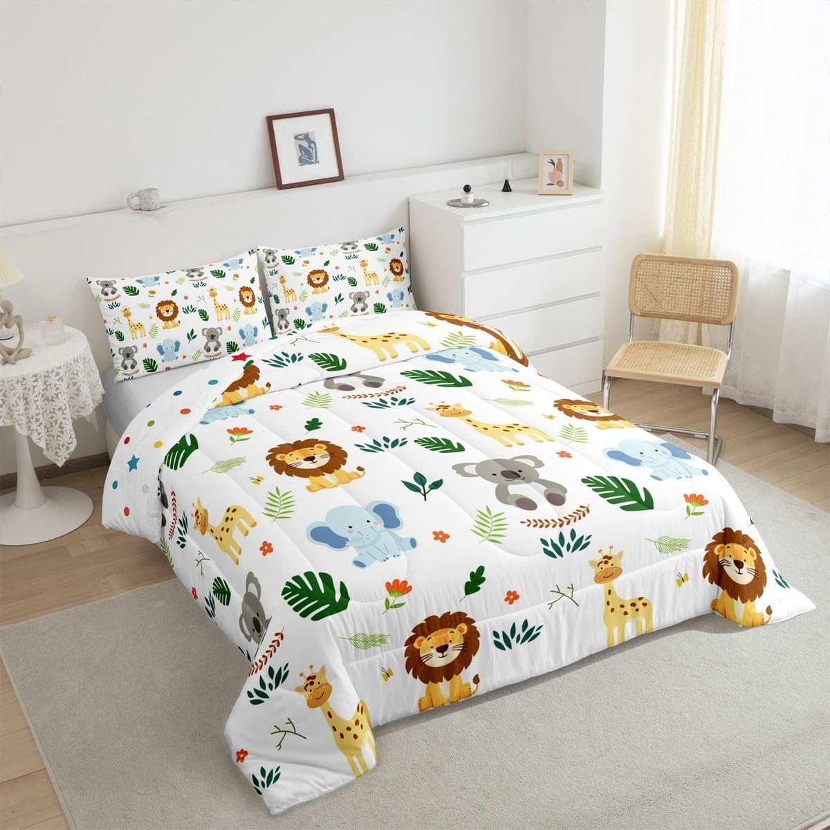 Erosebridal Nursery Cute Jungle Animal Kids Bedding Sets Safari Elephant Giraffe Comforter Full Size for Boys Girls Child Cartoon Koala Lion Duvet Quilt Set Palm Leaves Flowers Zoo Animal Comforter