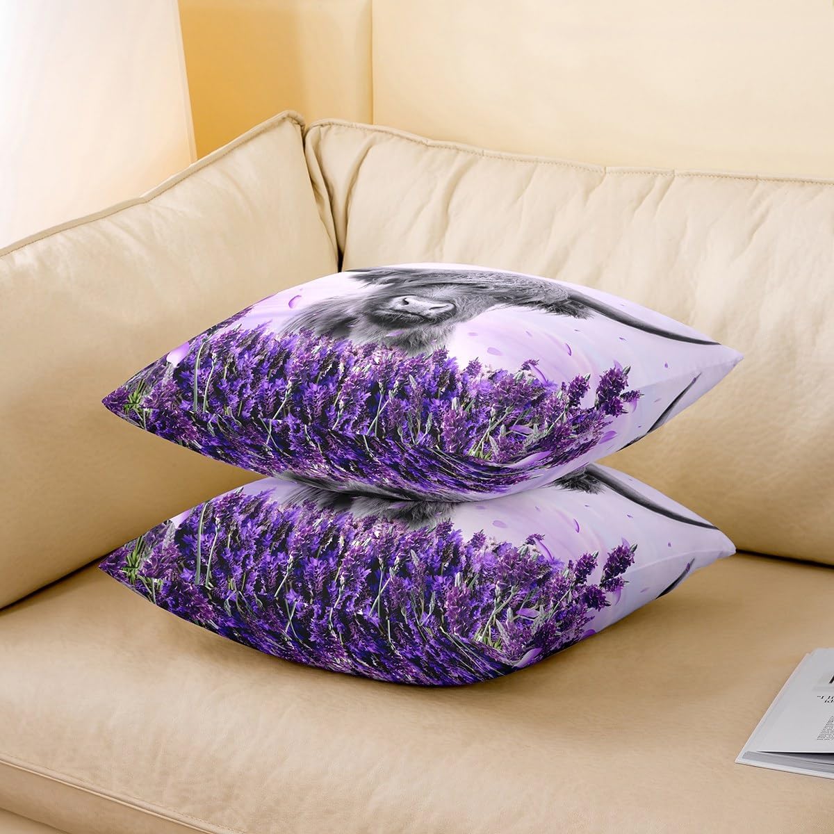 Set of 2 Grey Highland Cattle Pillow Covers 3D Funny Cow Bull Cushion Covers Purple Floral Flowers Throw Pillow Covers Cute Wild Farmhouse Animal Decorative Square Pillow Cases,Room Decor 24x24 Inch