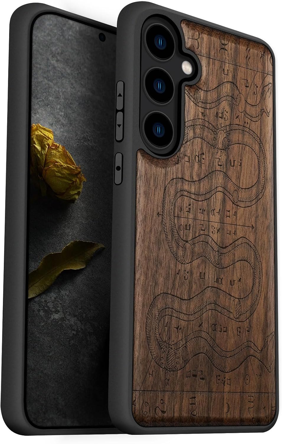Carveit Wood Case for Galaxy S24 Plus Case [Natural Wood & Black Soft TPU] Shockproof Protective Cover Unique Wooden Design Compatible with S24 Plus (Gothic Serpent Time-Walnut)