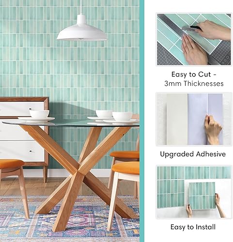 Miniatura 50 de Commomy Azulejos 3D de color verde mate para despegar y pegar, 10 piezas de PVC fino de 11.8 x 11.8 pulgadas para cocina, baño, inquilinos, Verde