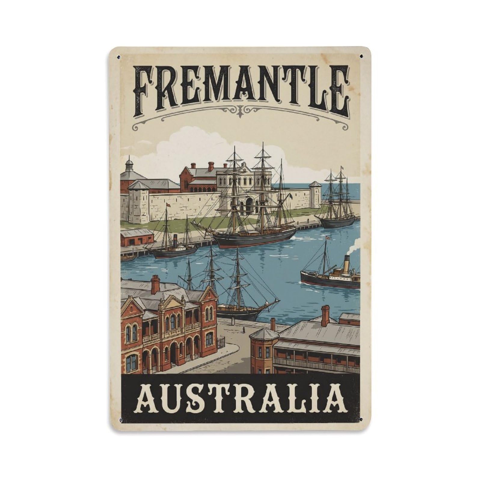 Travel Australia Fremantle Retro Metal Tin Sign Plaque Wall Decor for Cafe, Club Bar, Office, Garden Metal Poster 8x12Inch