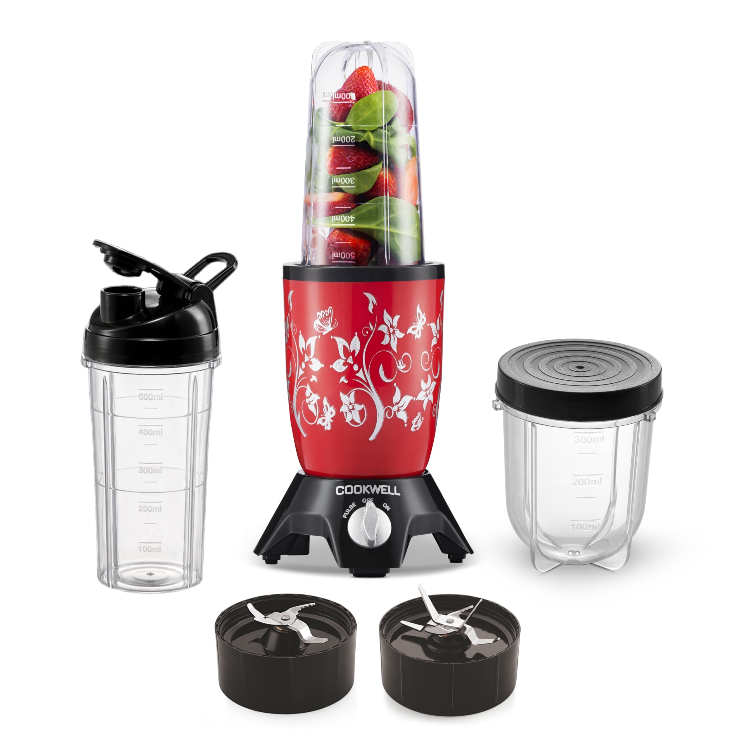 Cookwell Bullet Mixer Grinder (3 Jar, 2 Blade, Red) - Copper, 600 Watts - 2 Year Warranty