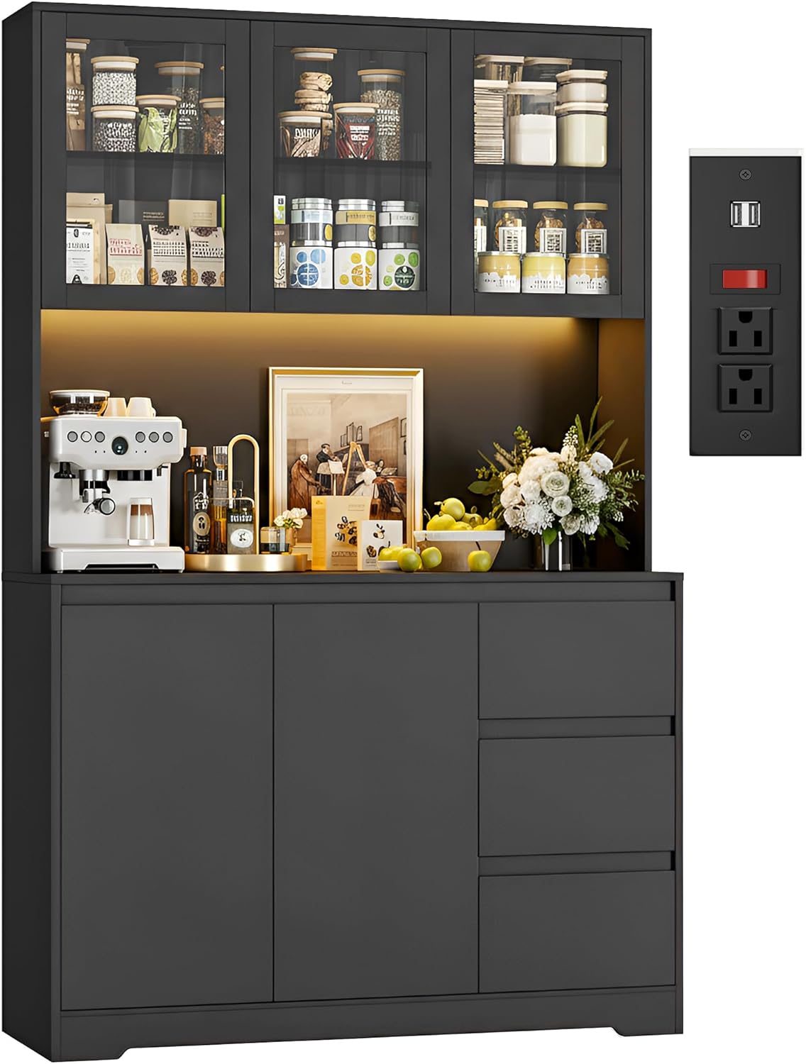 finetones 71" Kitchen Pantry Cabinet with LED Lights and Charging Station, Modern Kitchen Cabinets Hutch Cabinet with Storage and Microwave Stand, Pantry Cabinets Buffet Cabinet with Countertop, Black