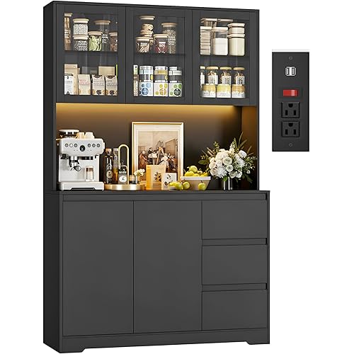 finetones 71" Kitchen Pantry Cabinet with LED Lights and Charging Station, Modern Kitchen Cabinets Hutch Cabinet with Storage and Microwave Stand, Pantry Cabinets Buffet Cabinet with Countertop, Black