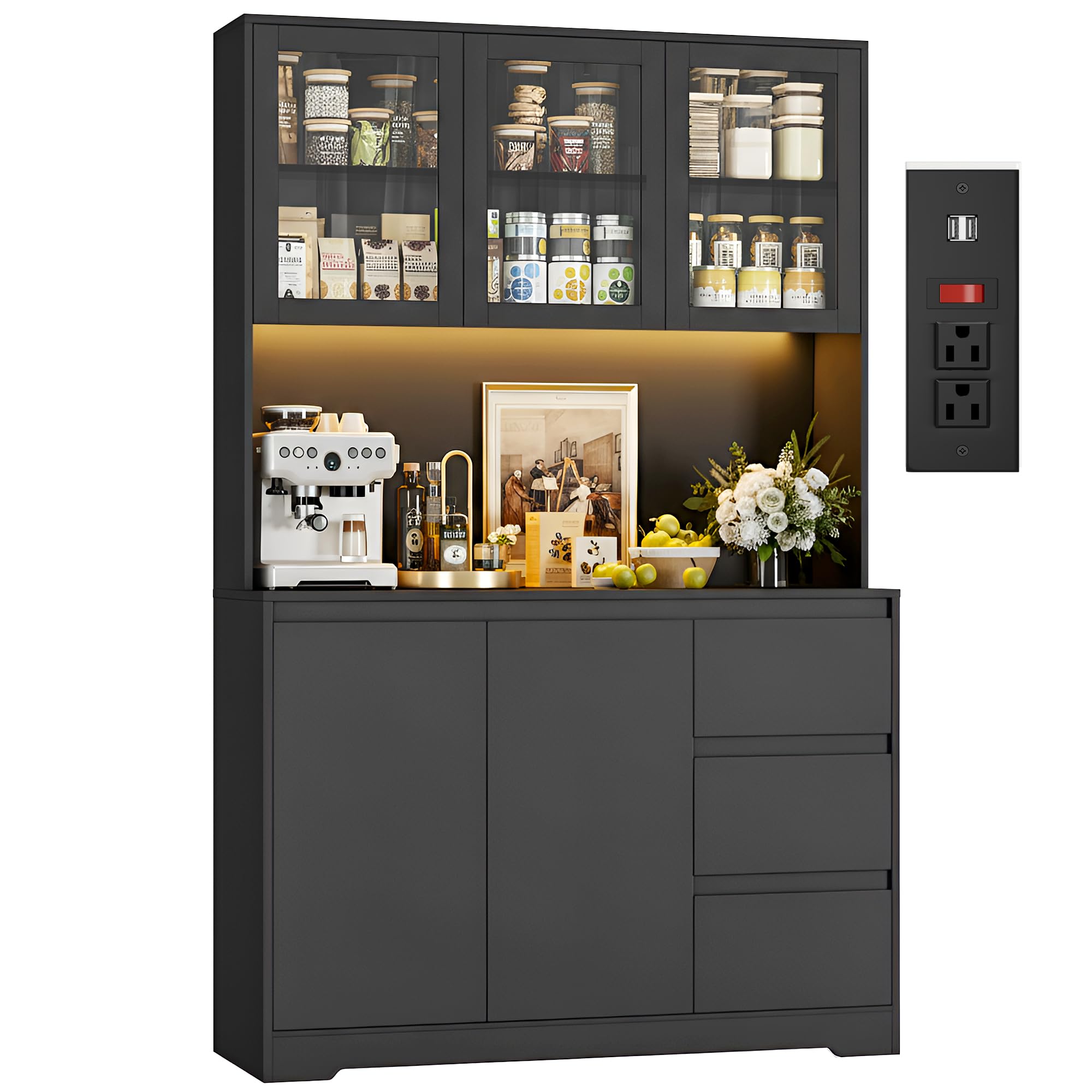 finetones 71" Kitchen Pantry Cabinet with LED Lights and Charging Station, Modern Kitchen Cabinets Hutch Cabinet with Storage and Microwave Stand,