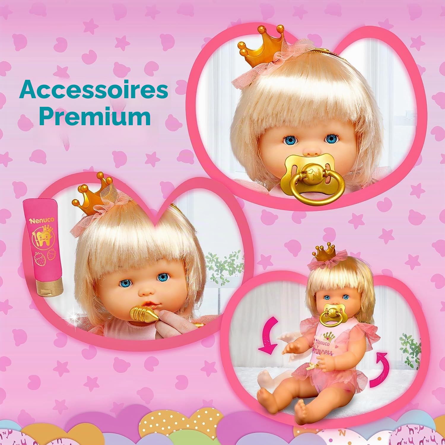 Nenuco - Princesse, poupée bébé aux Cheveux blonds, 42 cm, Portant des vêtements de Princesse et Une Couronne, 11 Fonctions et 10 Accessoires de Soin et Nourriture de Jeu, +2 Ans