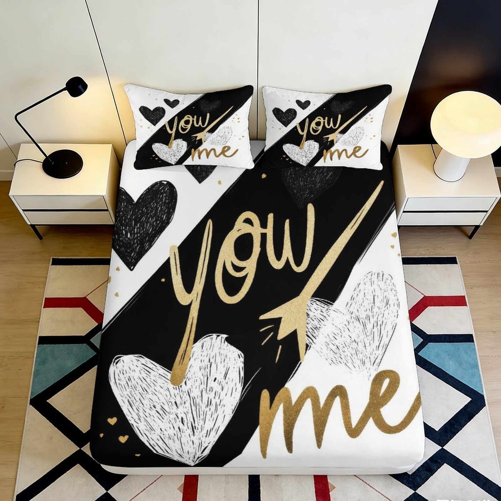 3D Printed Heart Letter Fitted Sheet Microfiber Non-Slip Deep Pocket Heart Letter Mattress Fitted Cover Breathable Bedding 140x200x25cm