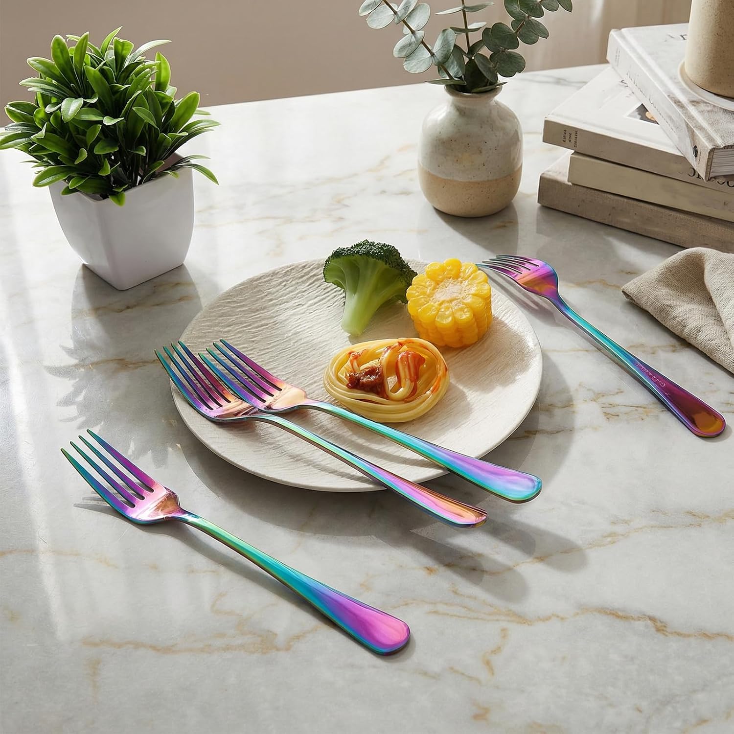 6Pcs Rainbow Forks 8 Inch Rainbow Dinner Fork Set Stainless Steel