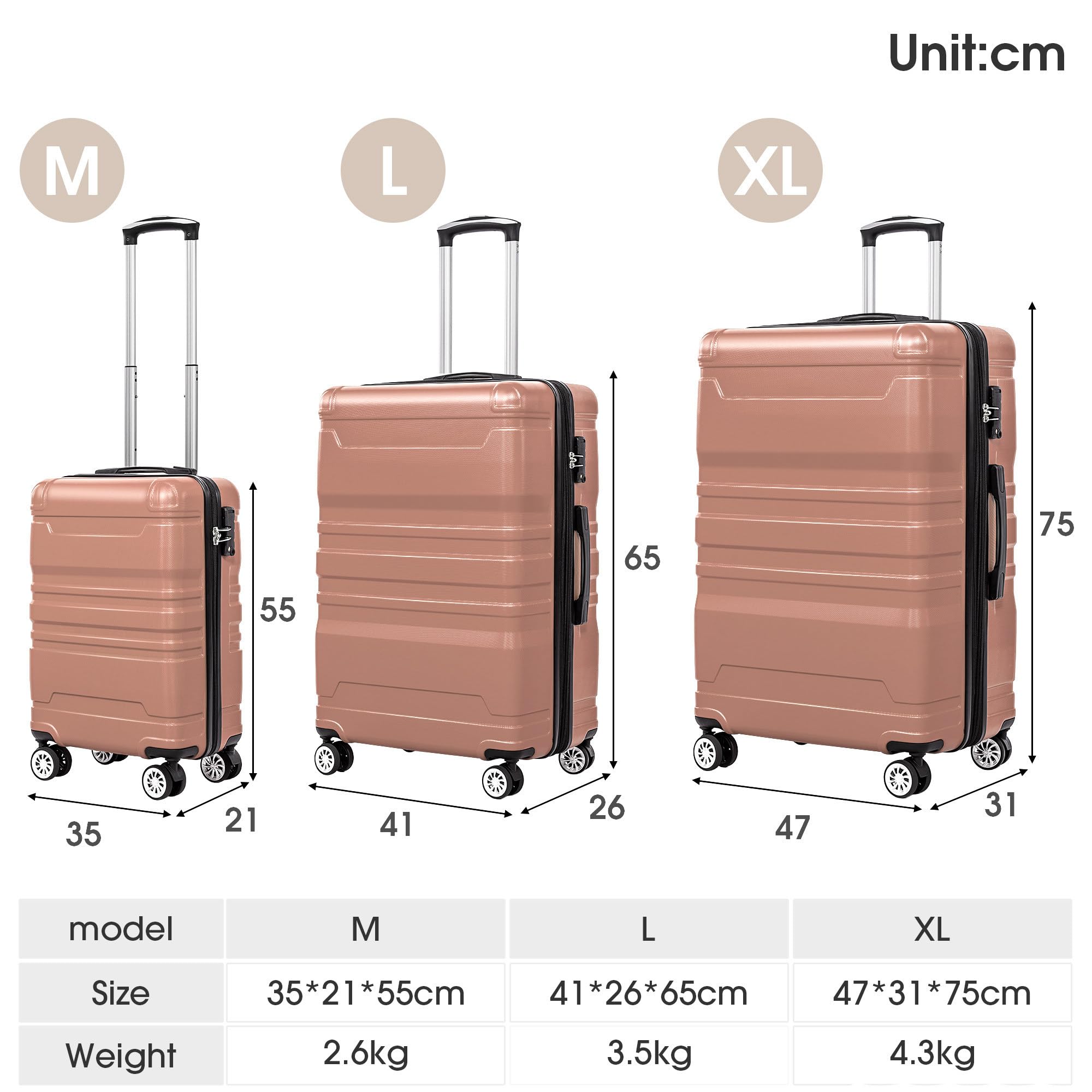 Set 3 Valigie Rigide, Valigia Trolley da Viaggio con lucchetto TSA e Ruota Universale, Espandibile, Maniglia Laterale, ABS, Valigia Bagaglio a Mano, Leggero Valigia Cabina, M-L-XL, Oro rosa