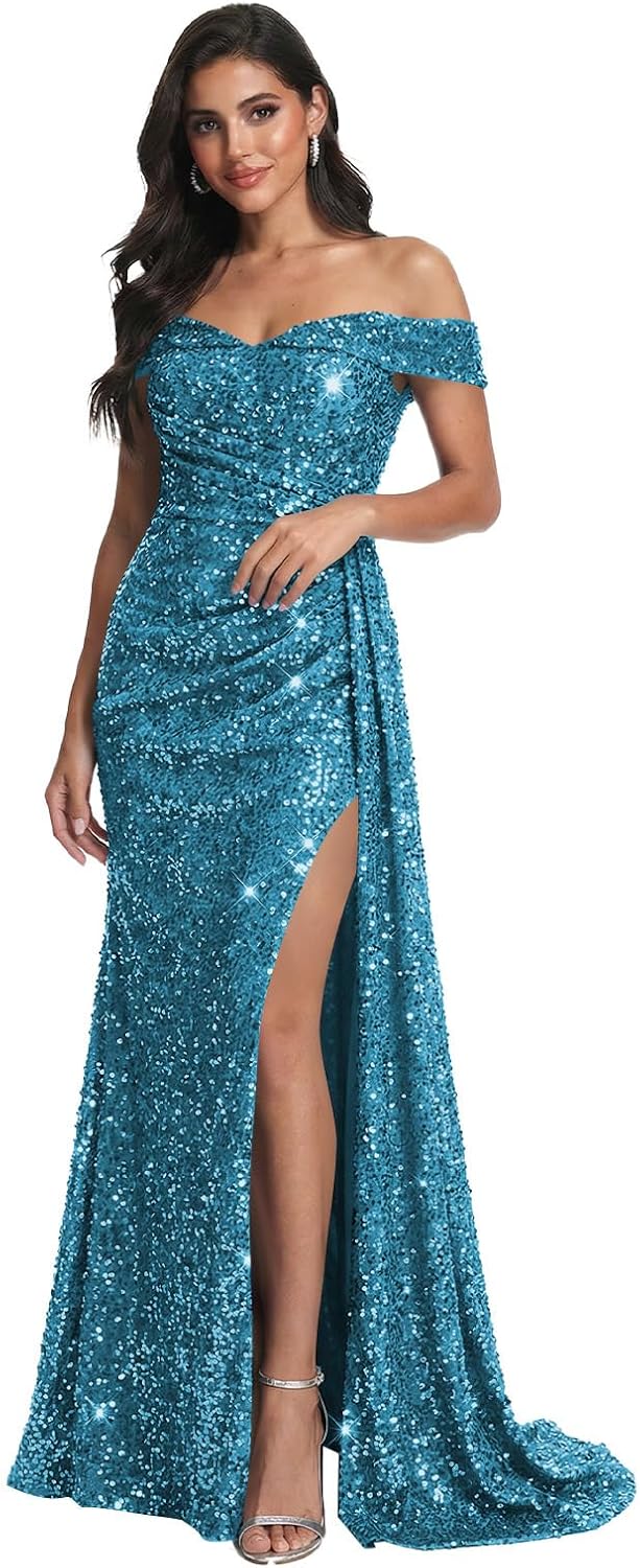 Plus Size Ocean Blue Prom Dresses for Teens with Slit 2026 Sparkly Sequins Off The Shoulder Mermaid Long Evening Dress Bodycon Birthday Party Gown with Train US Size 24W