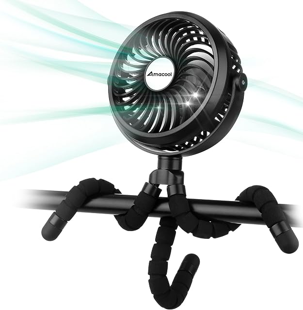 Amacool Battery Operated Stroller Fan Flexible Tripod Clip On Fan with 3 Speeds and Rotatable Handheld Personal Fan for Car Seat Crib Bike Treadmill