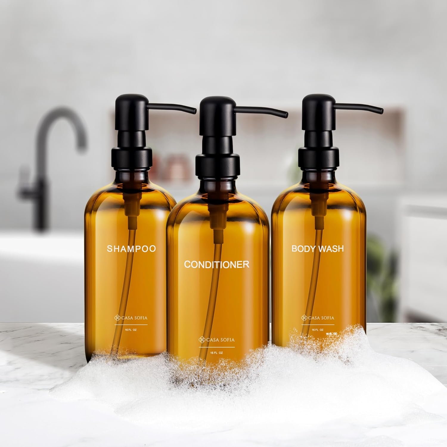 Amber Glass Shampoo and Conditioner Dispenser Set – Refillable 16 oz Pump Bottles with Concrete Tray – Luxury Bathroom Organization & Modern Shower Soap Dispensers