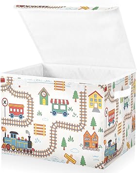 Cartoon Playful Train Fabric Storage Bin with Lid, Collapsible Basket with Handles, Shelf Cube Closet Organizer for Home and Bedroom