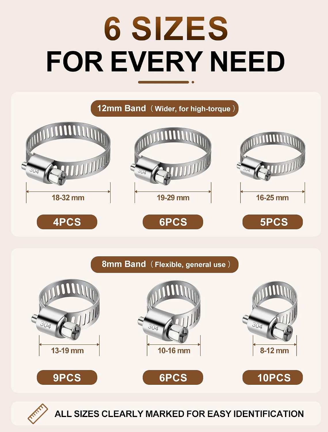 40 PCS Adjustable Stainless Steel Hose Clamps Assortment Kit for Pipe
