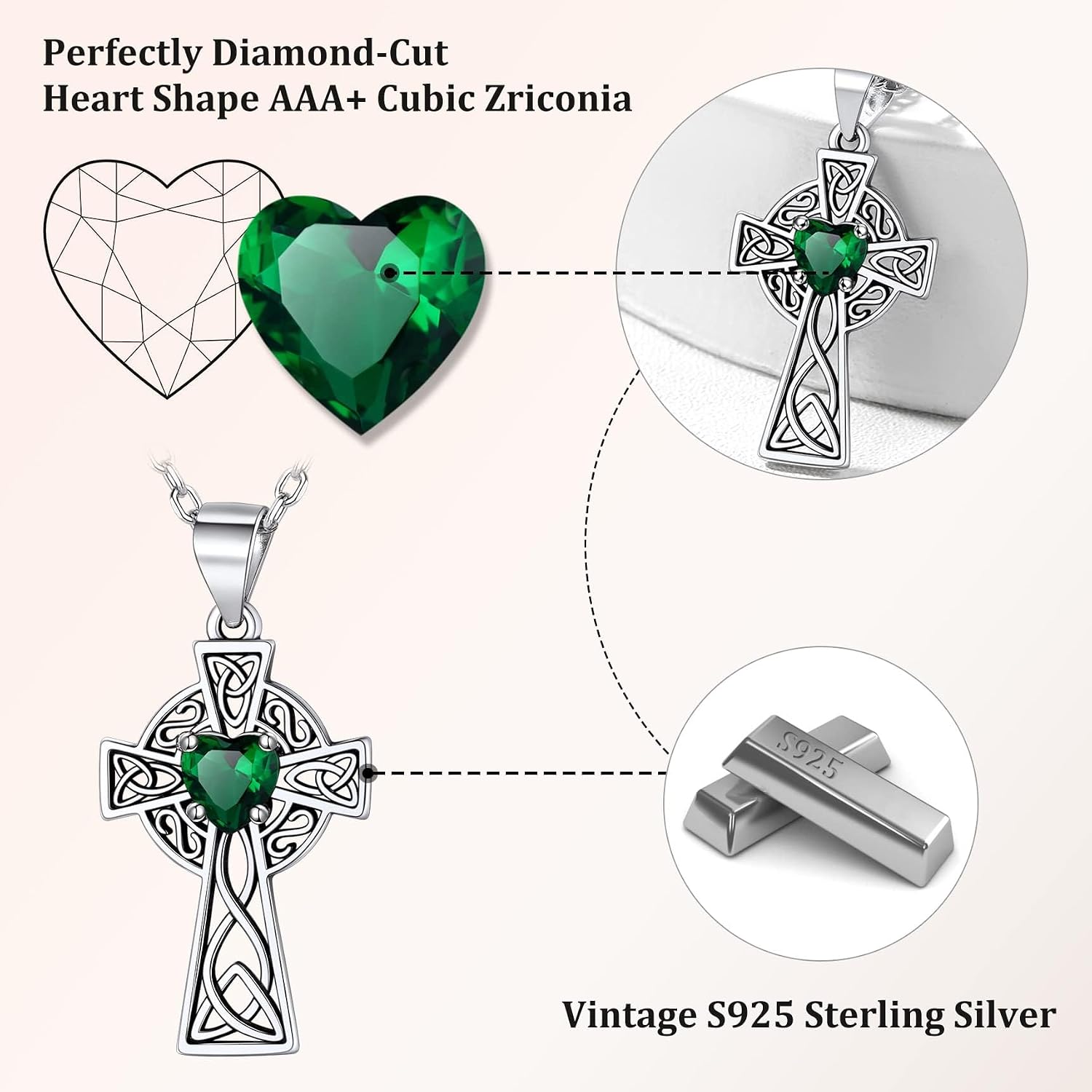 Bestyle Silver Celtic Cross Necklace with 12 Month Heart Birthstone, Dainty Celtic Birthstone Necklace Silver Chain for Women Faith Irish Amulet Lucky Birthstone Jewelry