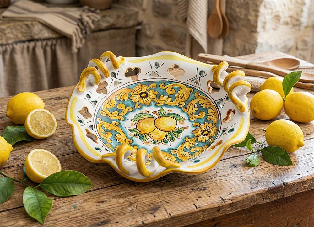 Generico Centrotavola grande in ceramica siciliana giallo e verde di santo stefano di camastra decorata a mano Limoni Art 6