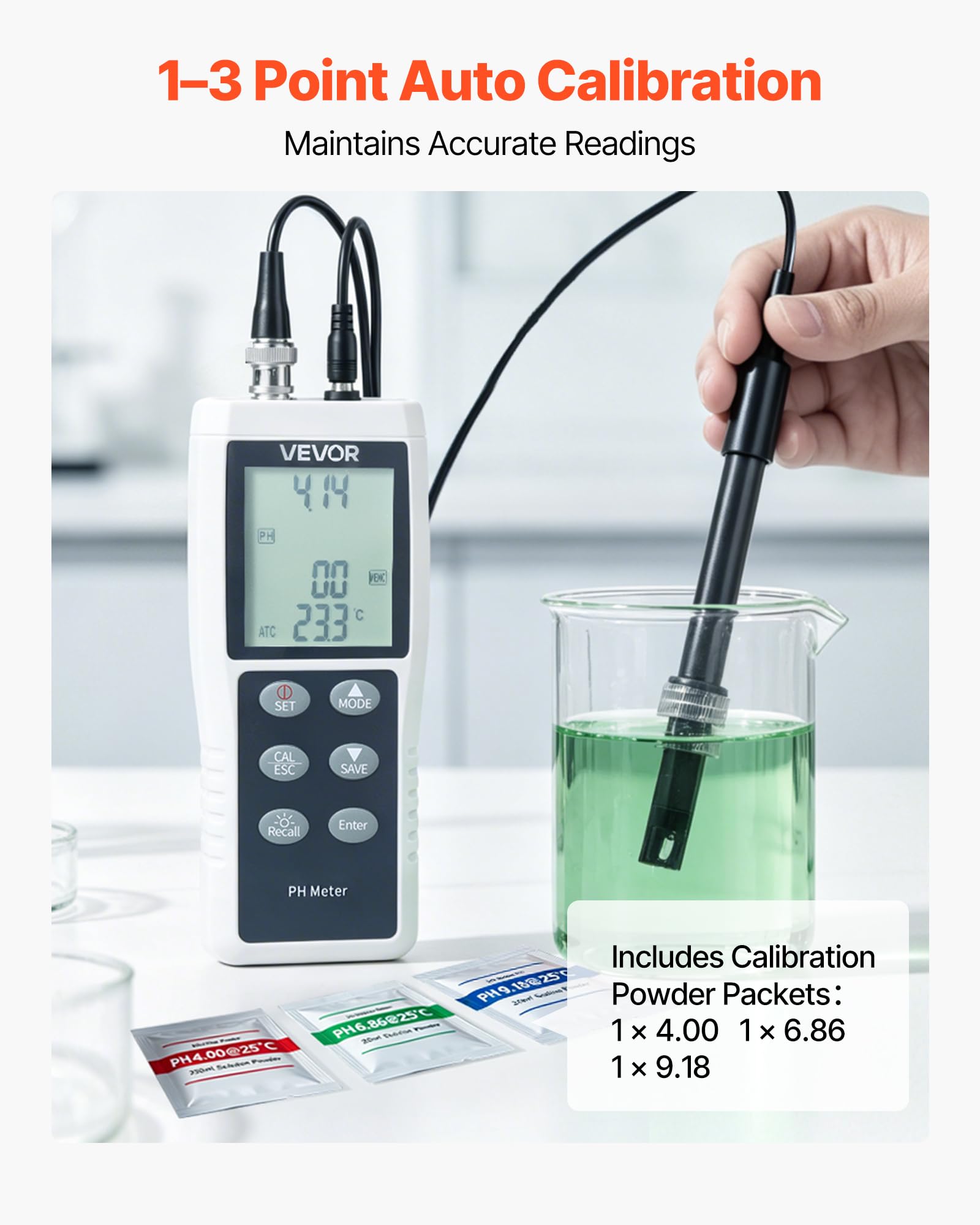 VEVOR pH-Meter, Messbereich 0–14, Wasserdichte Sonde (IP68), 3-Punkt-Automatikkalibrierung, Tragbares Tester-Set mit Kalibrierpulver, Temperatursonde & Tragetasche, für Trinkwasser & Hydrokultur