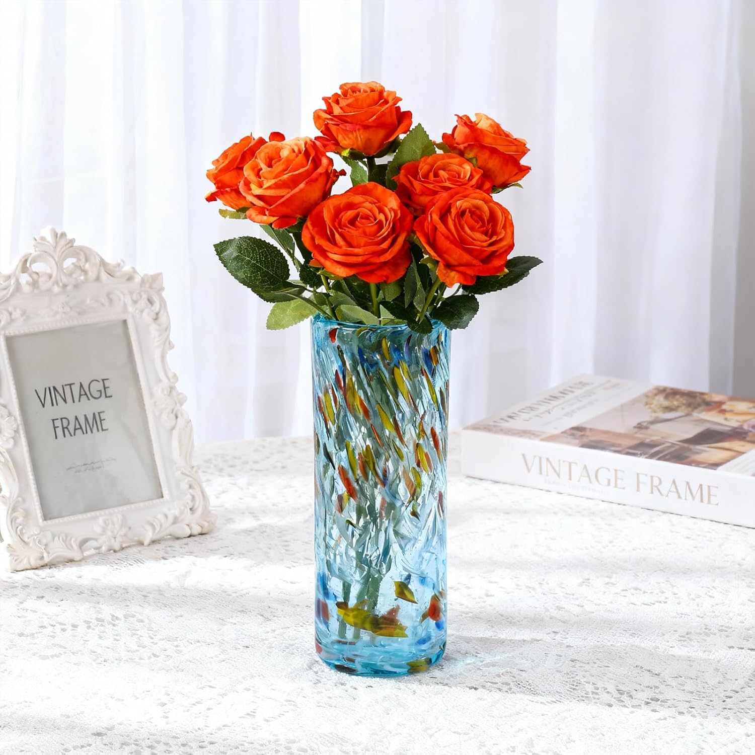 9.45" Tall Aqua Vase Hand Blown Glass Vase Green, Modern Aqua Home Centerpieces Wide Mouth Vases for Bud&Flower Decor - Ideal Living Room, Kitchen, Wedding, Dining Table, Office Center Table - Image 6