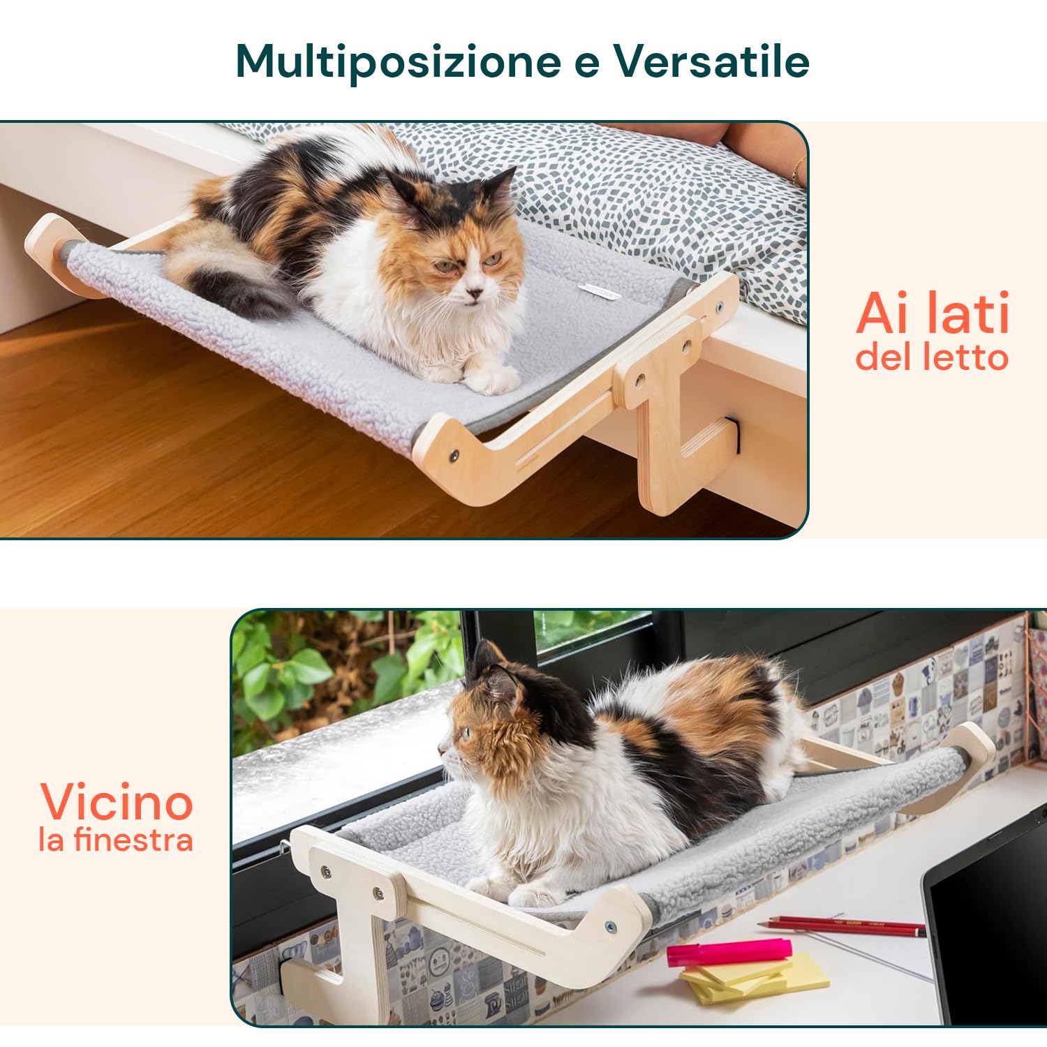 Wintem - Amaca per Gatti Pensile fino a 20kg in Stoffa Resistente con Supporto in Legno e Metallo, Facile da Montare su Finestre, Pareti, Mobili o Angoli - Accessorio per Gatto