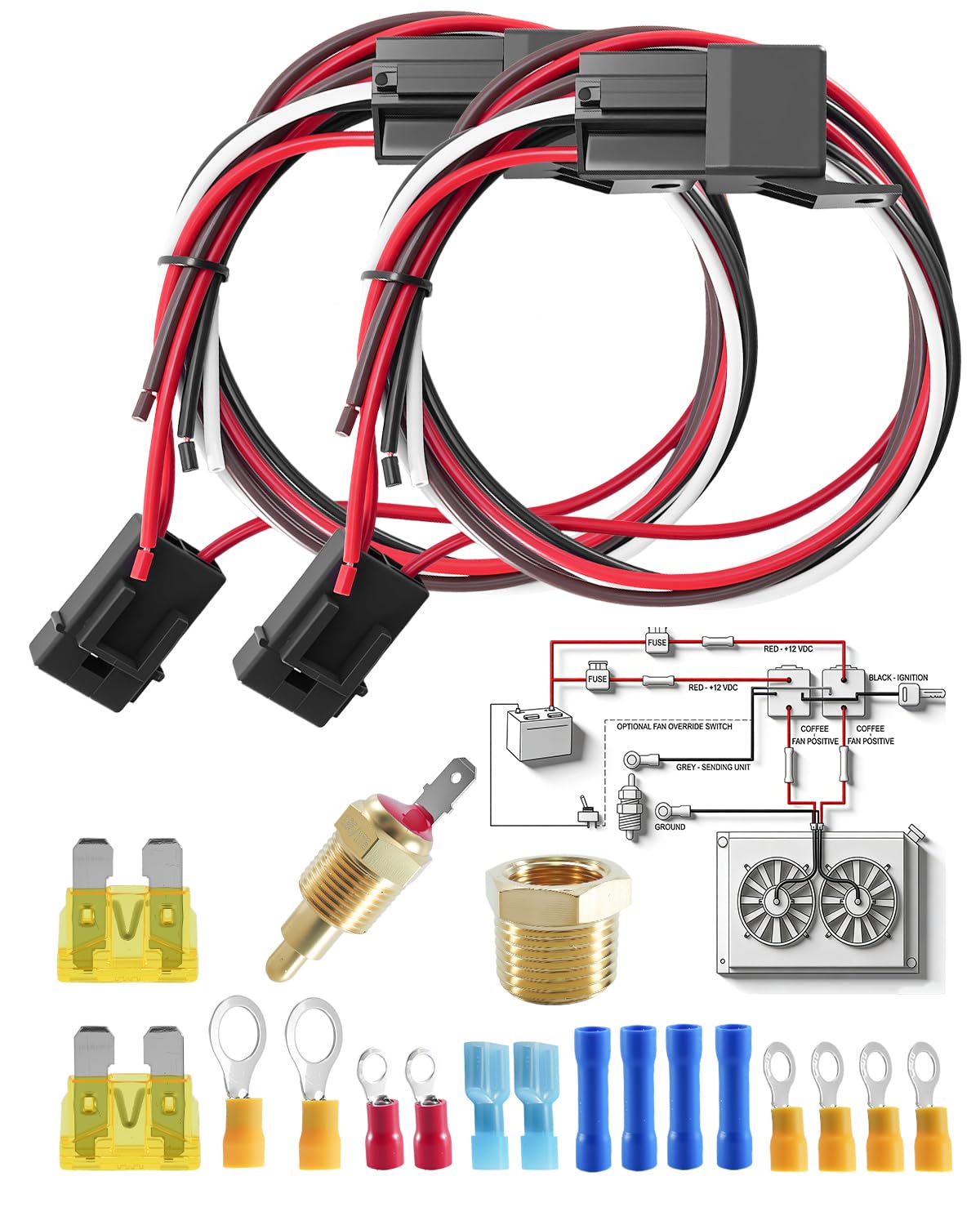 Dual Electric Fan Relay Kit Fit for 10-16" Electric Cooling Fans, 12V 40A Automotive Wiring Kit with Temperature Sensor Switch 185°F ON 175°F Off, 4 Pin Waterproof Relay Kits