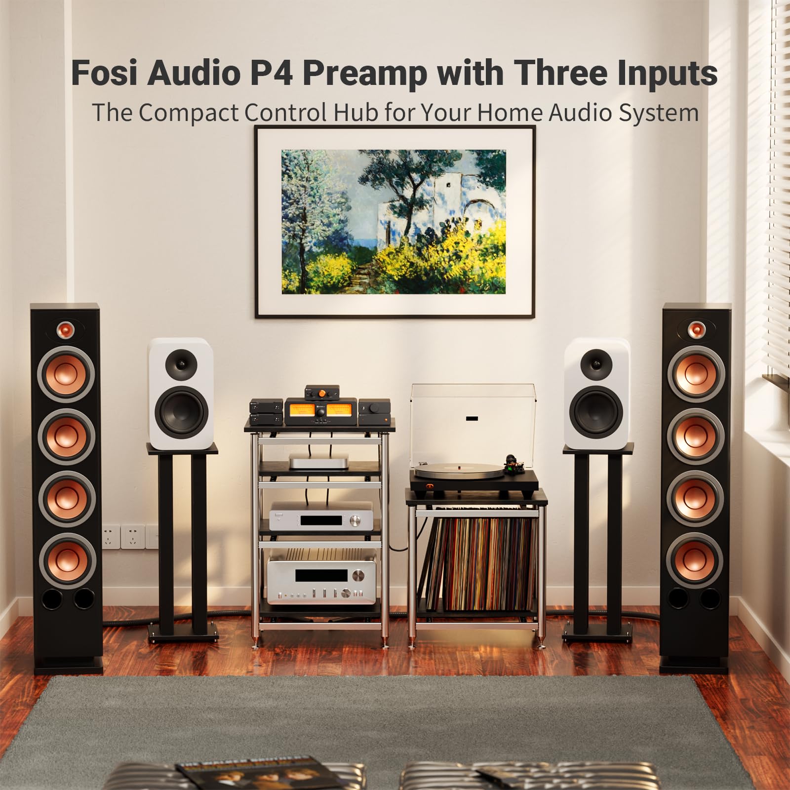 Fosi Audio Preamplificador Fonográfico Box X5 para Tocadiscos MM y MC y Mini Preamplificador P4 con 3 Entradas RCA y Ganancia Ajustable en 3 Niveles: 3/6/9 dB