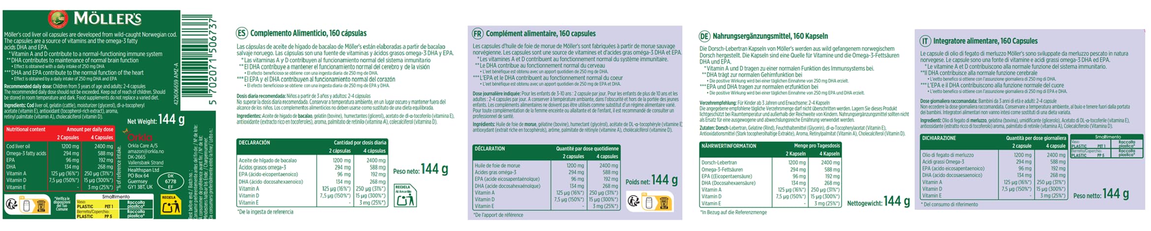 Moller’s ® | Lebertran Kapseln | Omega-3-Fettsäuren DHA & EPA, Enthält Vitamin A, D & E, Unterstützt Immunsystem, Herzfunktion, Gehirnfunktion & Sehkraft | 160 Stück