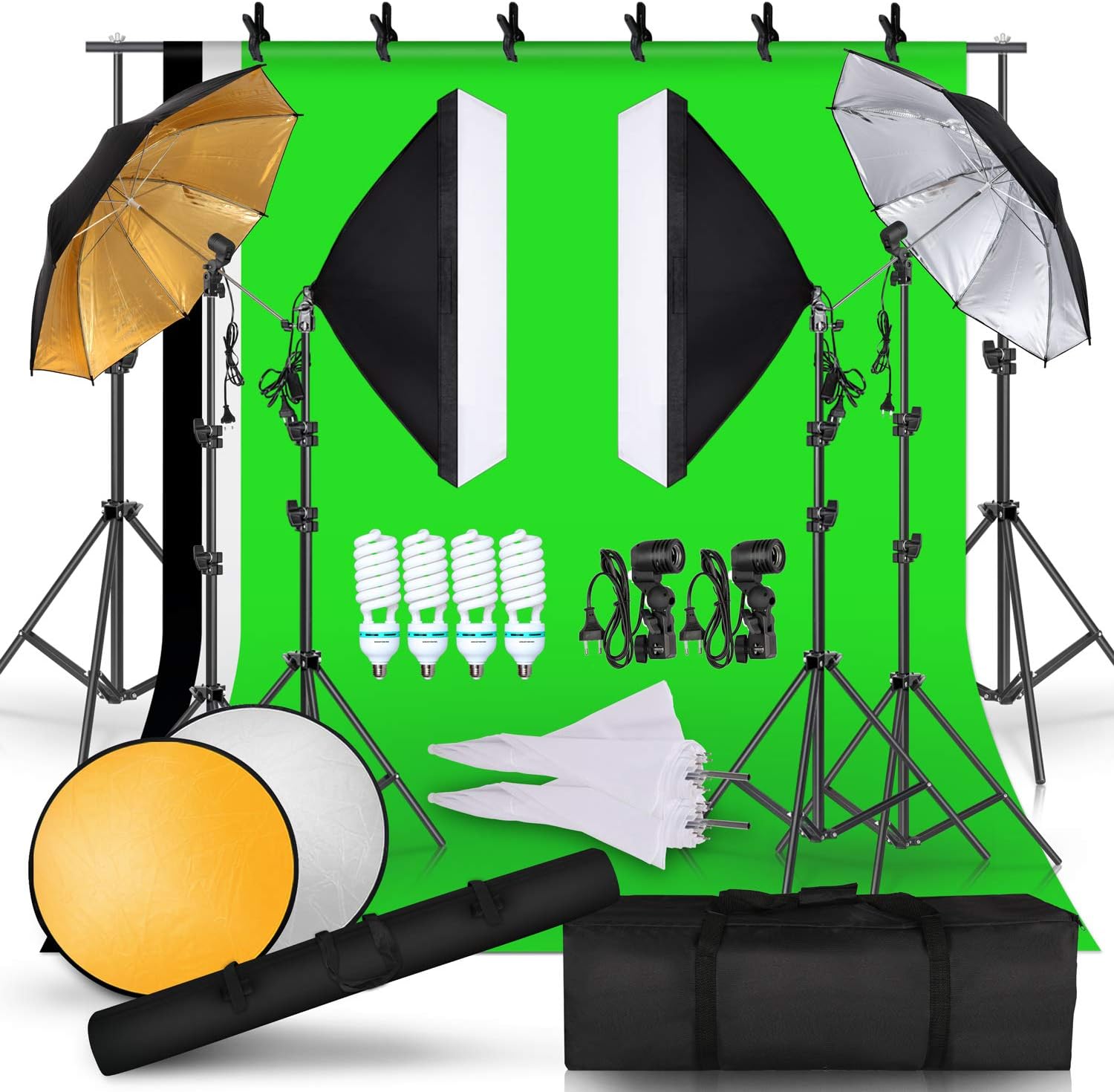 Professional Photo Studio Background Support Kit Softbox Reflective Umbrella 85W 5500k Continuous Lighting for Still Life, Portrait and Video Shooting