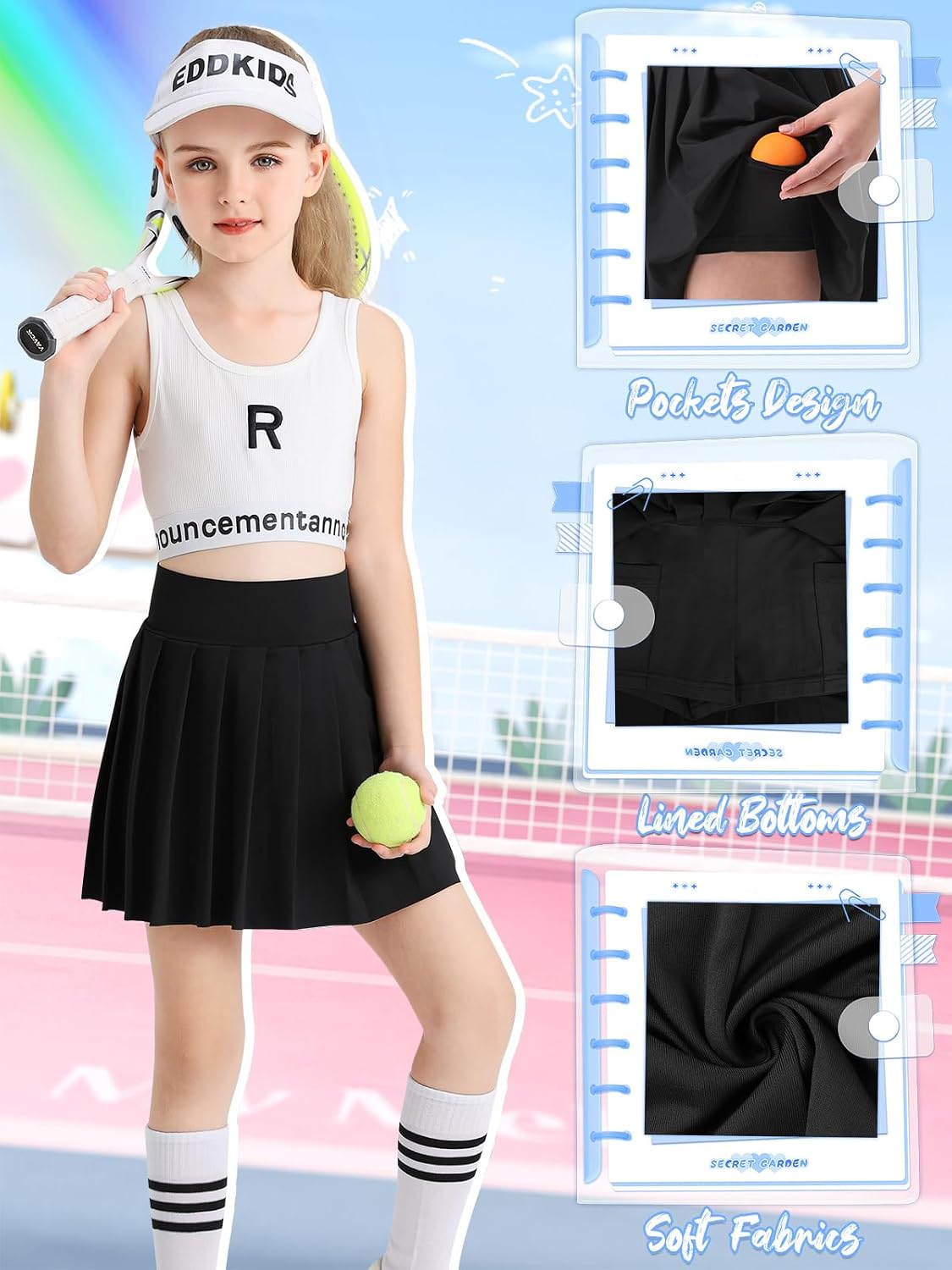 Girls Pleated Tennis Skirt with Pockets Shorts Girl's Athletic Golf Skirt for Running School Cheerleading 4-15 Years