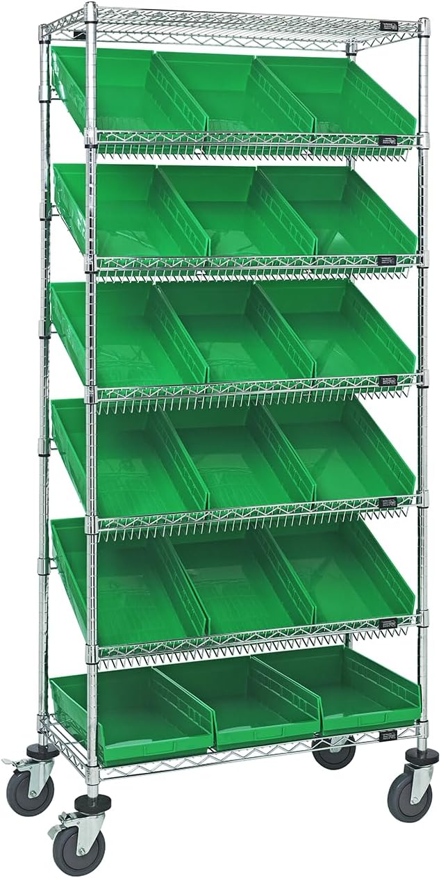 Quantum Storage Systems WRS-5-92035BL Wire Slanted 5 Shelves 12 Dividable Grid Blue Bins 63" H x 36" W x 18" D