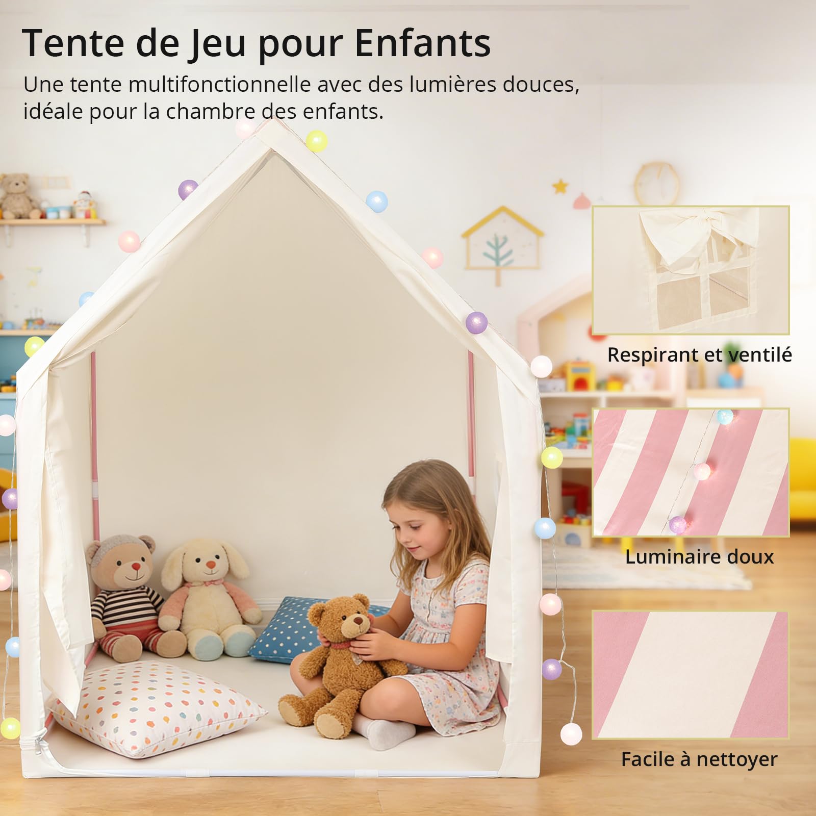 Anbte Tente de Jeu pour Enfants, Rayure Rose, pour Tout-Petits dès 3 Ans | Spacieuse et Portable, Montage Facile, Maison de Jeu Filles et Garçons Intérieur et Extérieur, avec Lumière