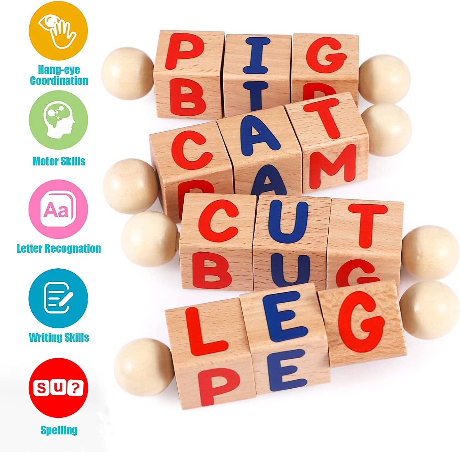 BALOBOO Wooden Reading Blocks Short Vowel Rods Spelling Games, Flash ...