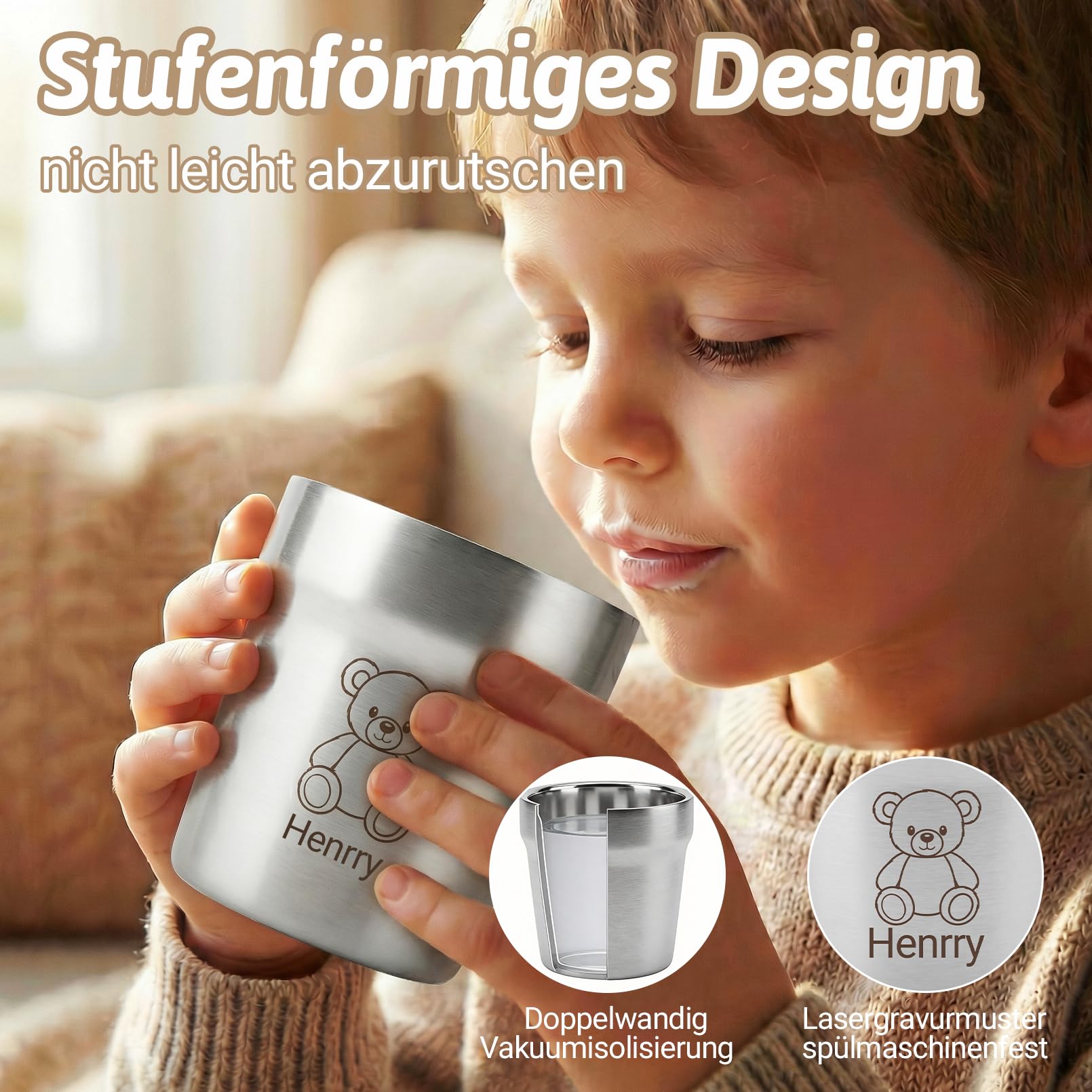 OXYEFEI Edelstahl Becher Kinder personalisiert mit Namen & Motiv graviert – Unzerbrechlicher Trinkbecher für Jungen & Mädchen – Geschenk zum Geburtstag, Kindergartenstart & zur Taufe