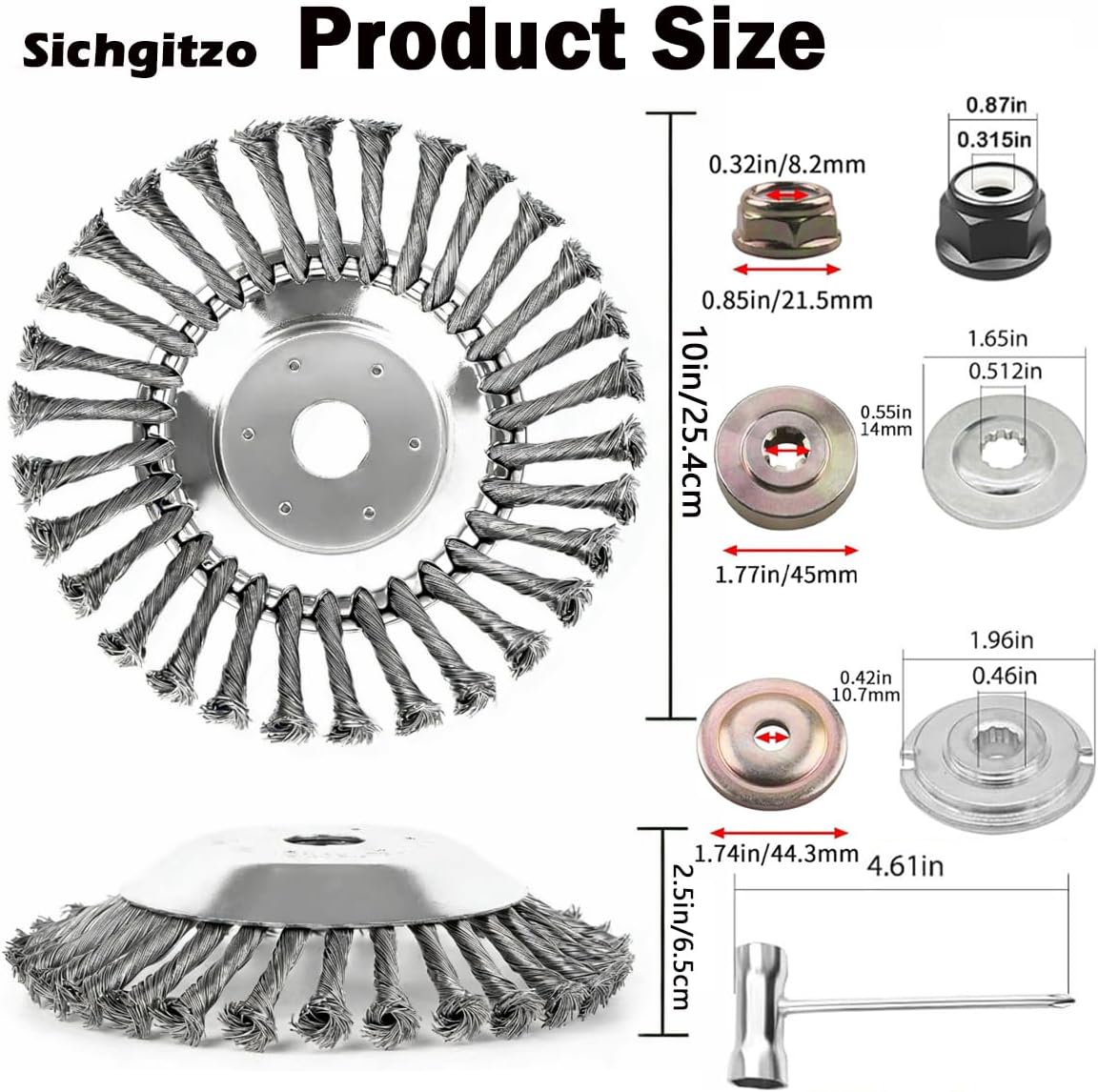 10 inch Steel Wire Weed Wheel Brush Cutter Trimmer Head, 2 Pack Adapter kit Weed Eater Head for Moss Grass Rust Removal, Paving Stone, Pavement Joints or Driveway