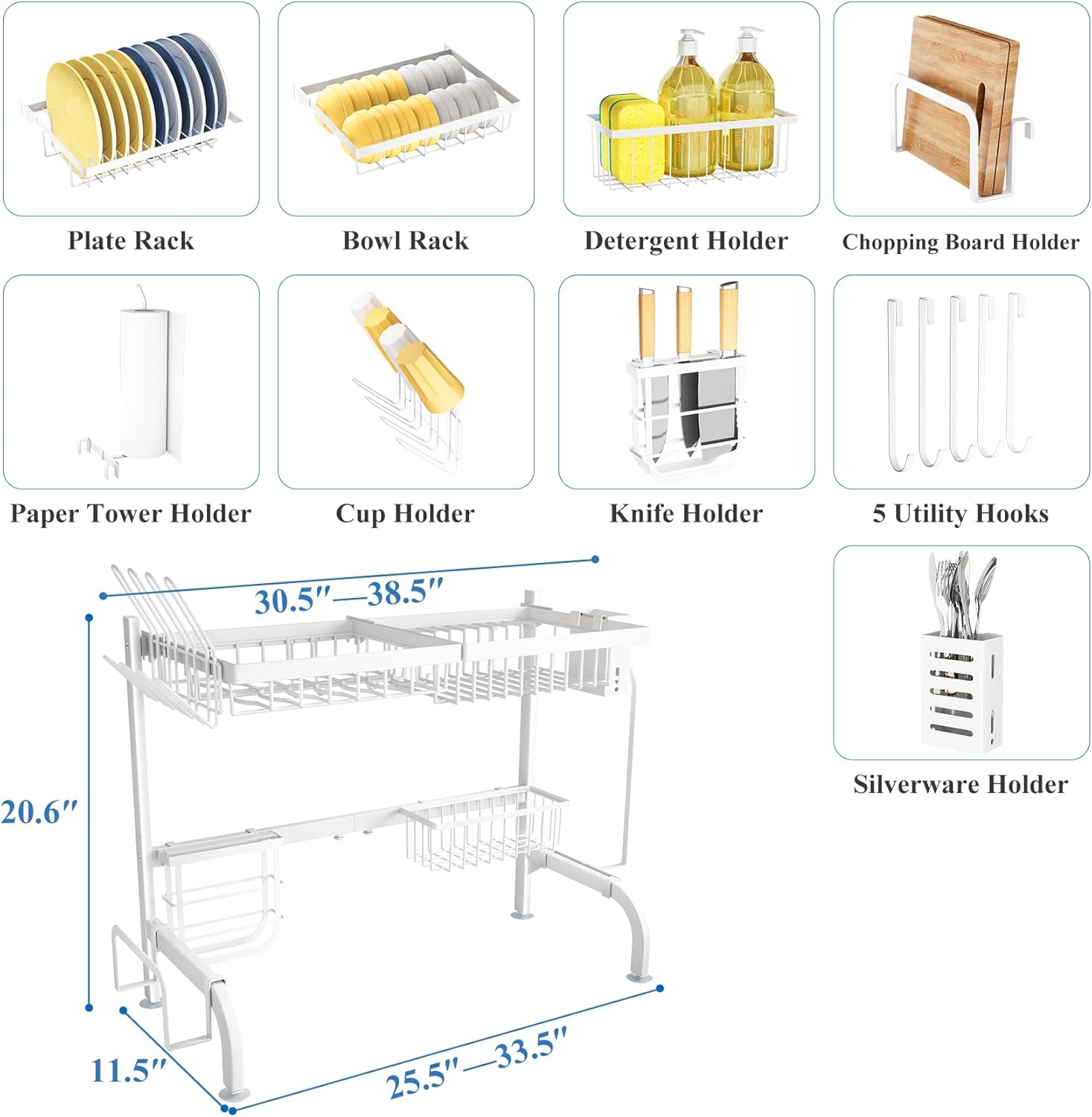 Over The Sink Dish Drying Rack, Adjustable (25.5 to 36.5 inch) 2 Tier Metal Steel Dish Drying Racks for Kitchen Counter with Hooks Paper Towel Utensil Cup Holder Sink Caddy (White)