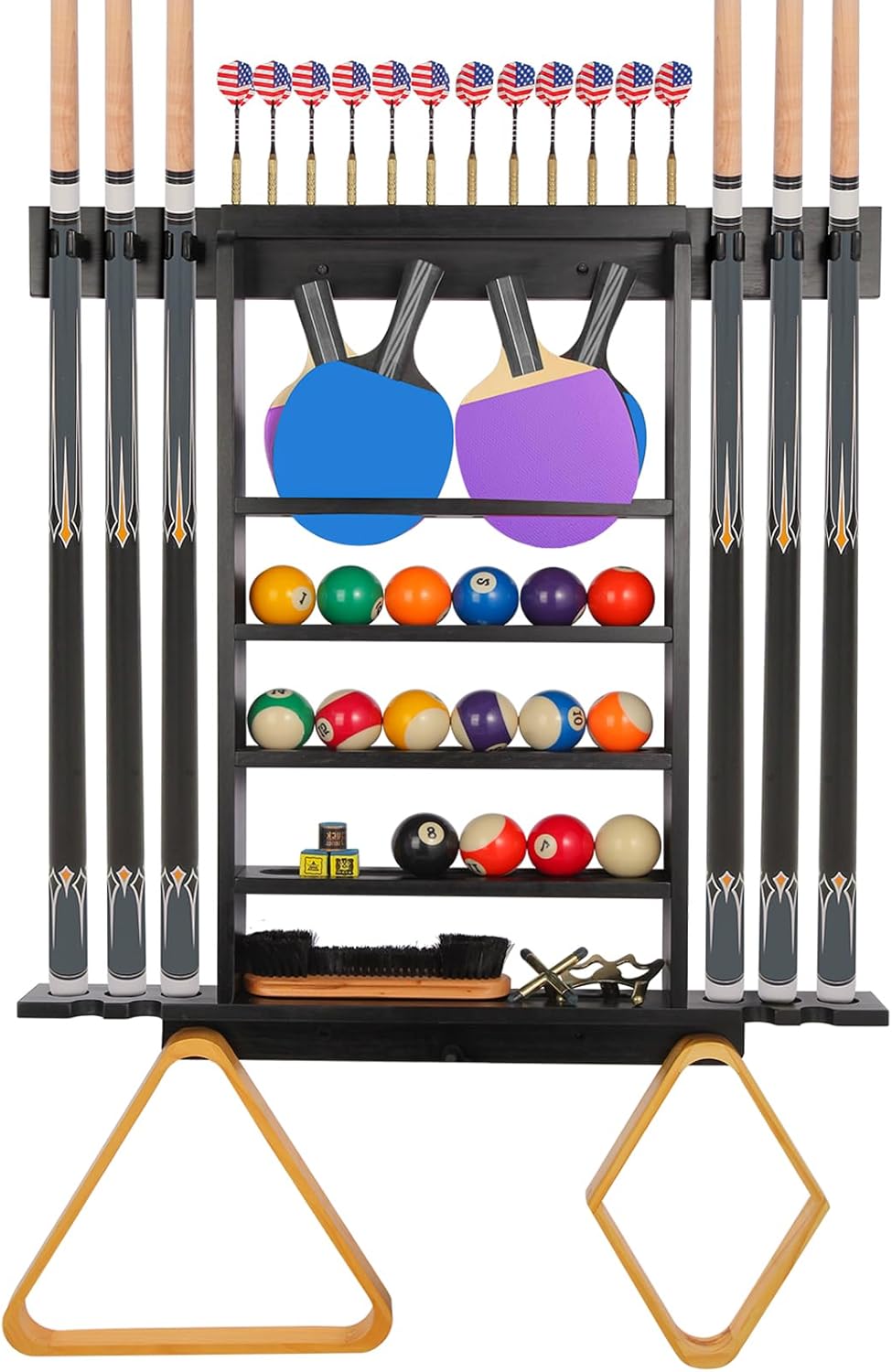 Large Pool Stick Holder Wall Mount, Billiards Pool Cue Rack Ping Pong Paddle Holder, Dart Holder 3-IN-1, Wood Pool Cue Holder Pool Table Accessories Equipment Organizer for Game Room Men Cave- Black