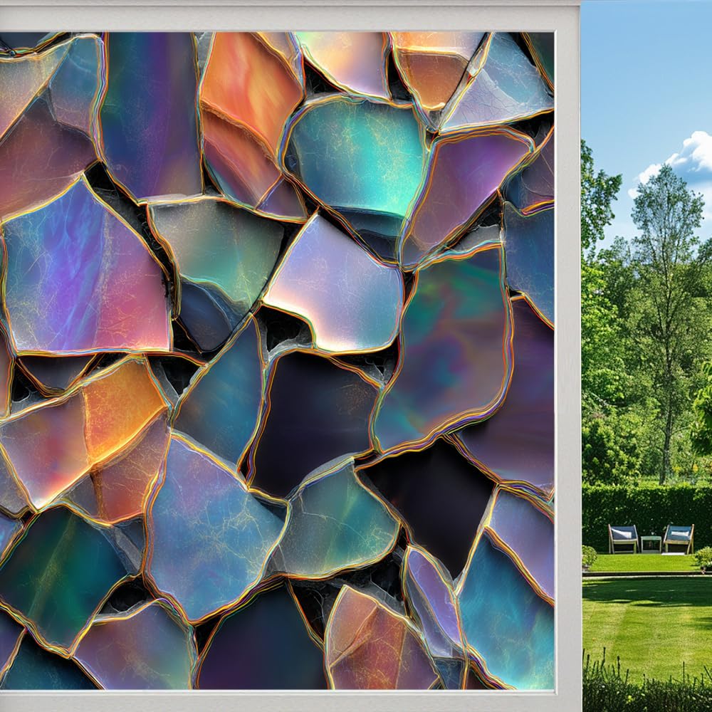 Painted Color Block Privacy Window Film, Colorful Fragment Mosaic Frosted Self-Adhesive Vinyl Cling for Glass Doors Bathroom Windows Sun Blocking Heat Control, （55x120cm）