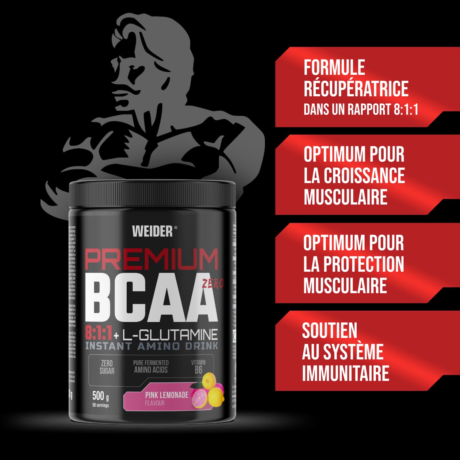Weider Premium BCAA 8:1:1 + L-Glutamine (500g) Goût Pink Limonade - Avec Vitamine B6, Sans sucre, Vegan