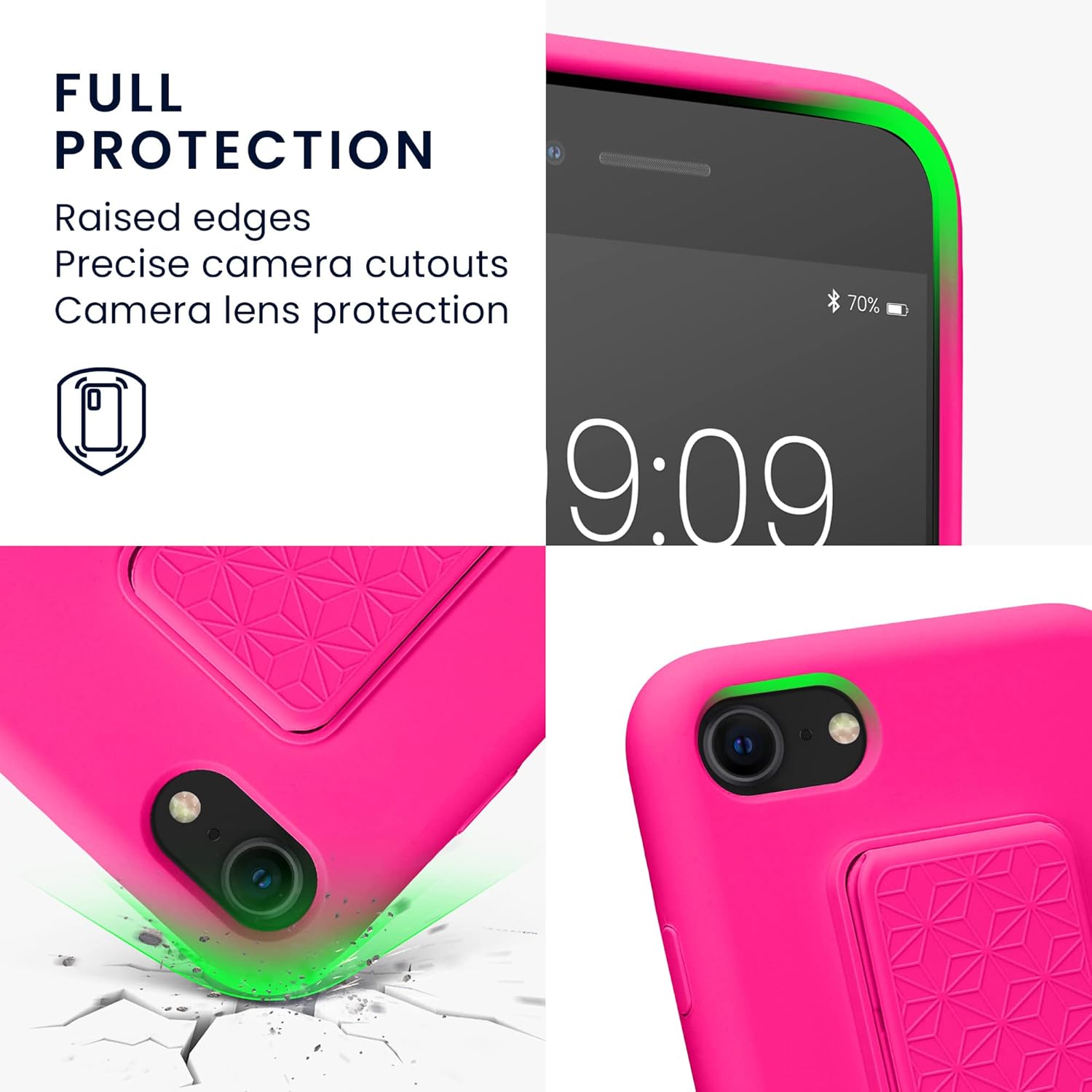 kwmobile Case Compatible with Apple iPhone SE (2022) / iPhone SE (2020) / iPhone 8 / iPhone 7 - Case with Hand Strap and Stand Soft TPU Silicone Coating - Neon Pink - Image 3