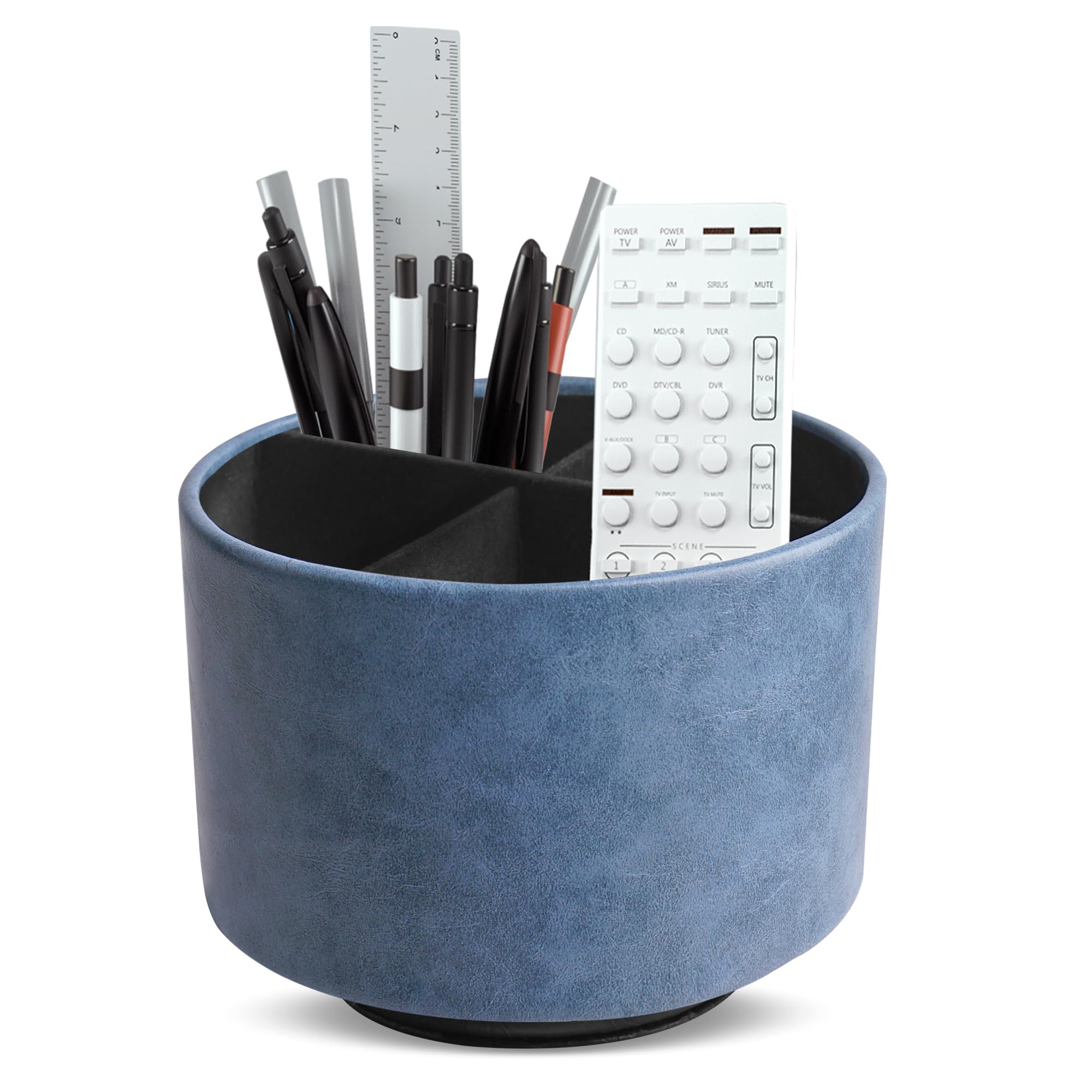 Mtzmy Round Leather Art Supply Organizer,Remote Control Holder,360 Degree Spinning,Multi-Functional Pencil Holder,4 Compartments Desktop Stationary Organizer(1-Oil Grey Blue) — image 1