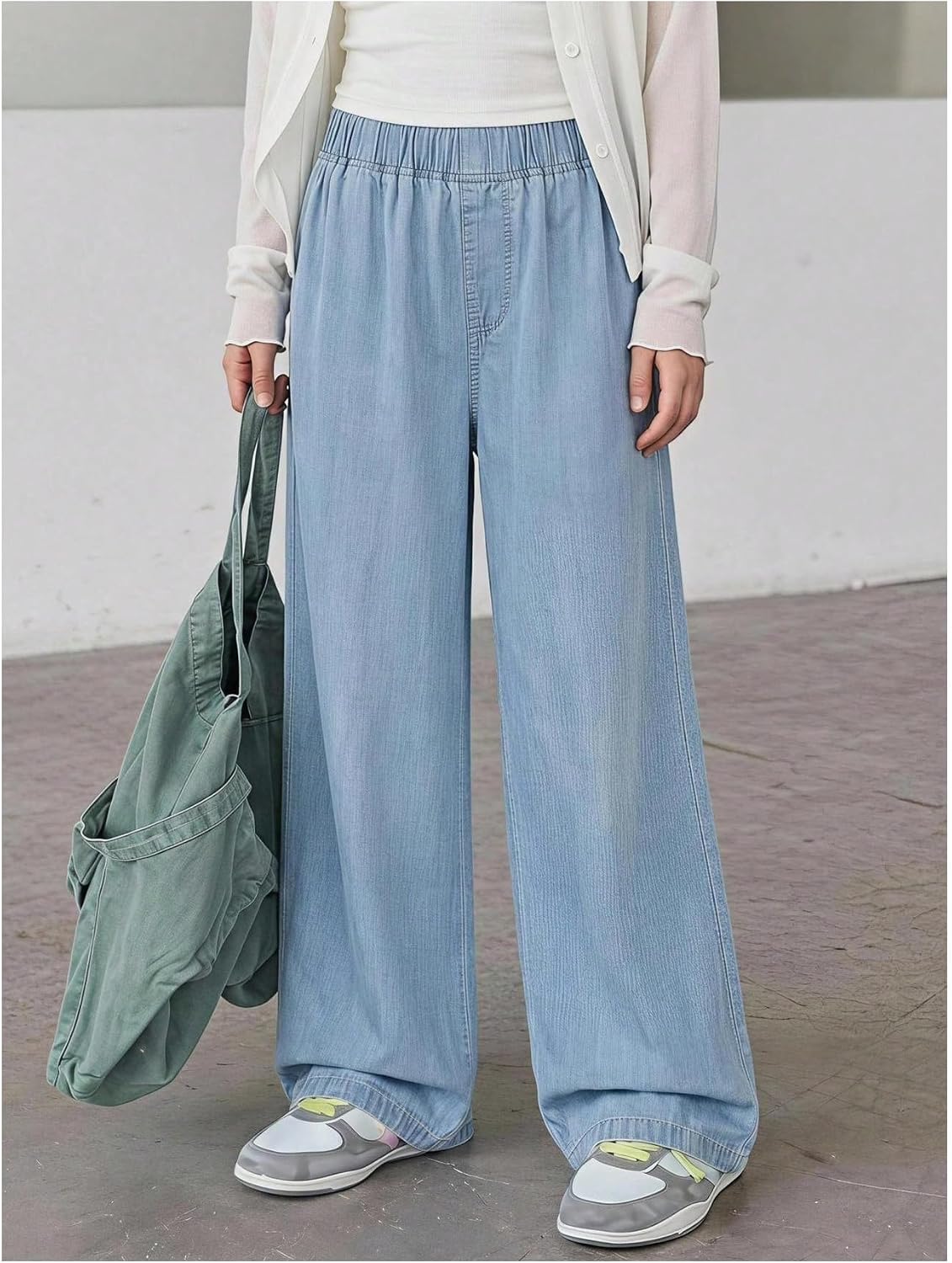 SHENHE Girl's Wide Leg Jeans Elastic Waist Lightweight Loose Fit Casual Baggy Jeans Denim Pants