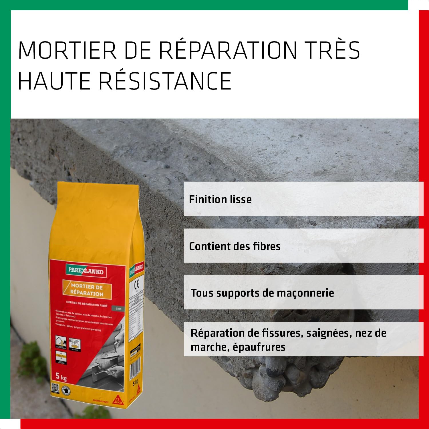 Parexlanko Mortier de Réparation Prêt à gâcher Fibré Réparation nez de balcon,nez de marche,huisseries Rebouchage de saignée, lézardes Haute résistance Adhérence Rattrapage Important jusqu'à 5 cm 5 kg | Répare béton, balcons, terrasses et marches - Sans r