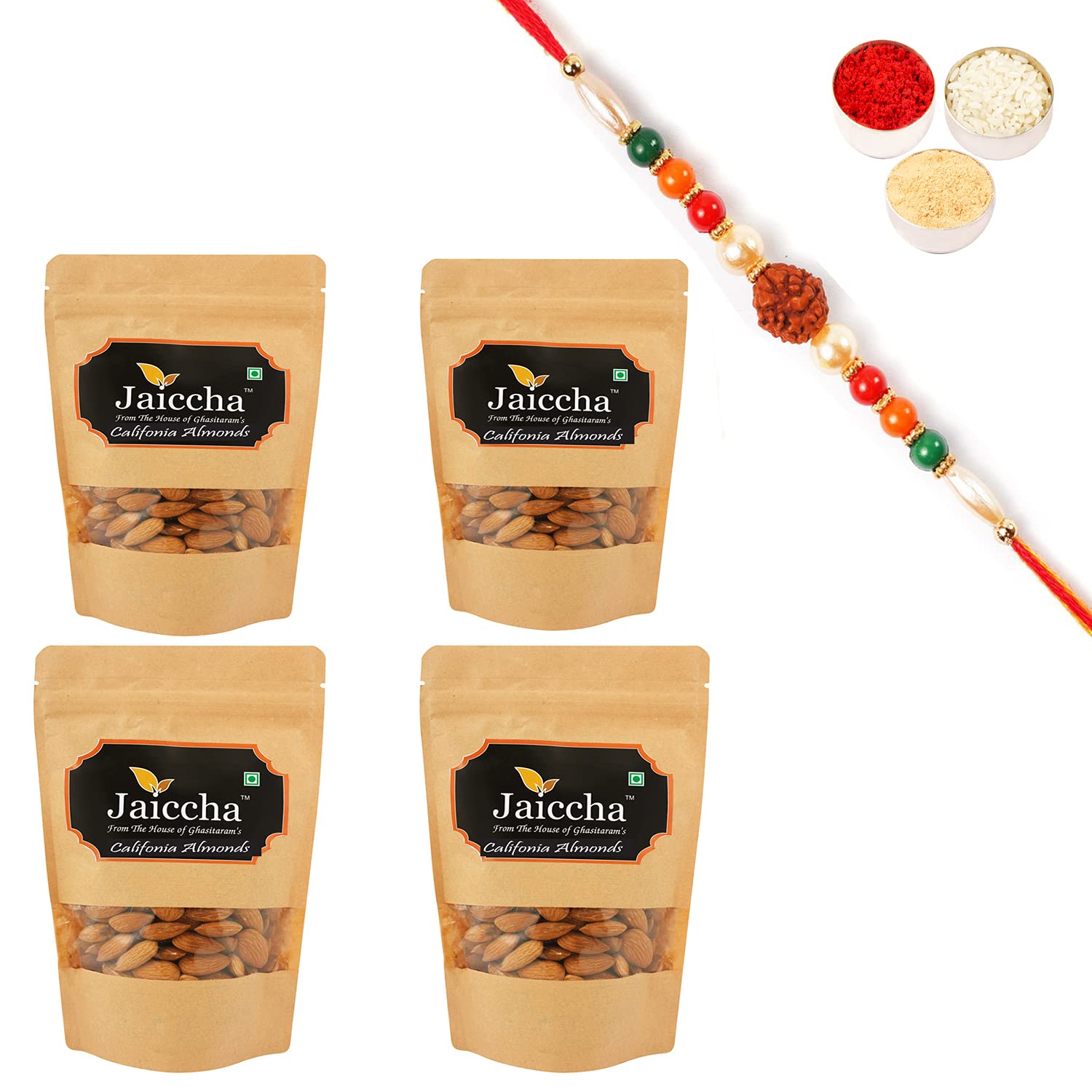 Jaiccha Ghasitaram Rakhi Gifts for Brothers Rakhi Dryfruits - American/Califonia Almonds 800 GMS in Brown Paper Pouch with Rudraksh Rakhi