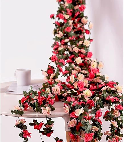Miniatura 8 de Flores de rosas falsas, paquete de 2 flores artificiales de 8.2 pies, guirnalda de flores colgantes para habitación, hogar, hotel, oficina, boda,