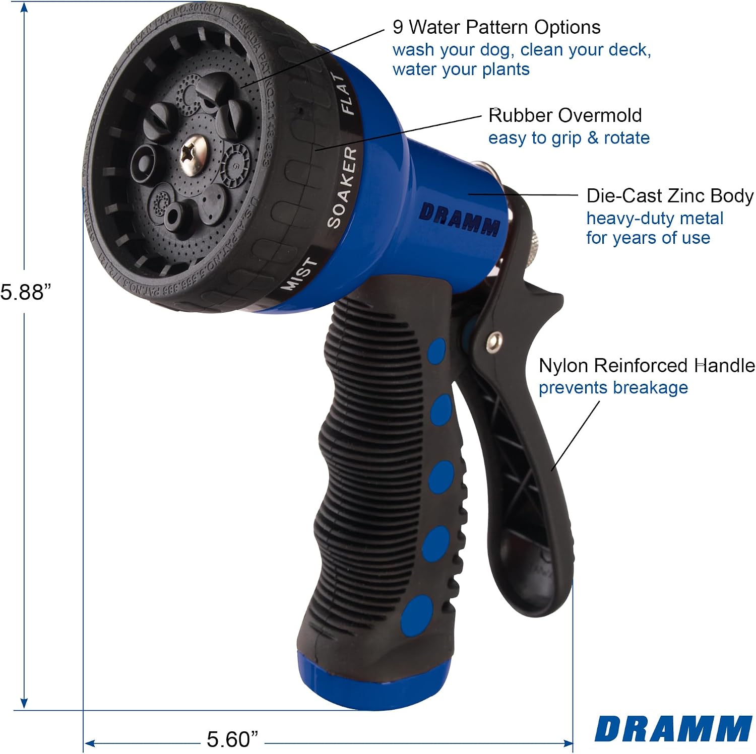 Dramm Revolver Heavy Duty Metal Garden Hose Nozzle – 9 Spray Patterns, High Pressure Jet, Thumb-Control Flow, Ergonomic Grip – Blue image 2