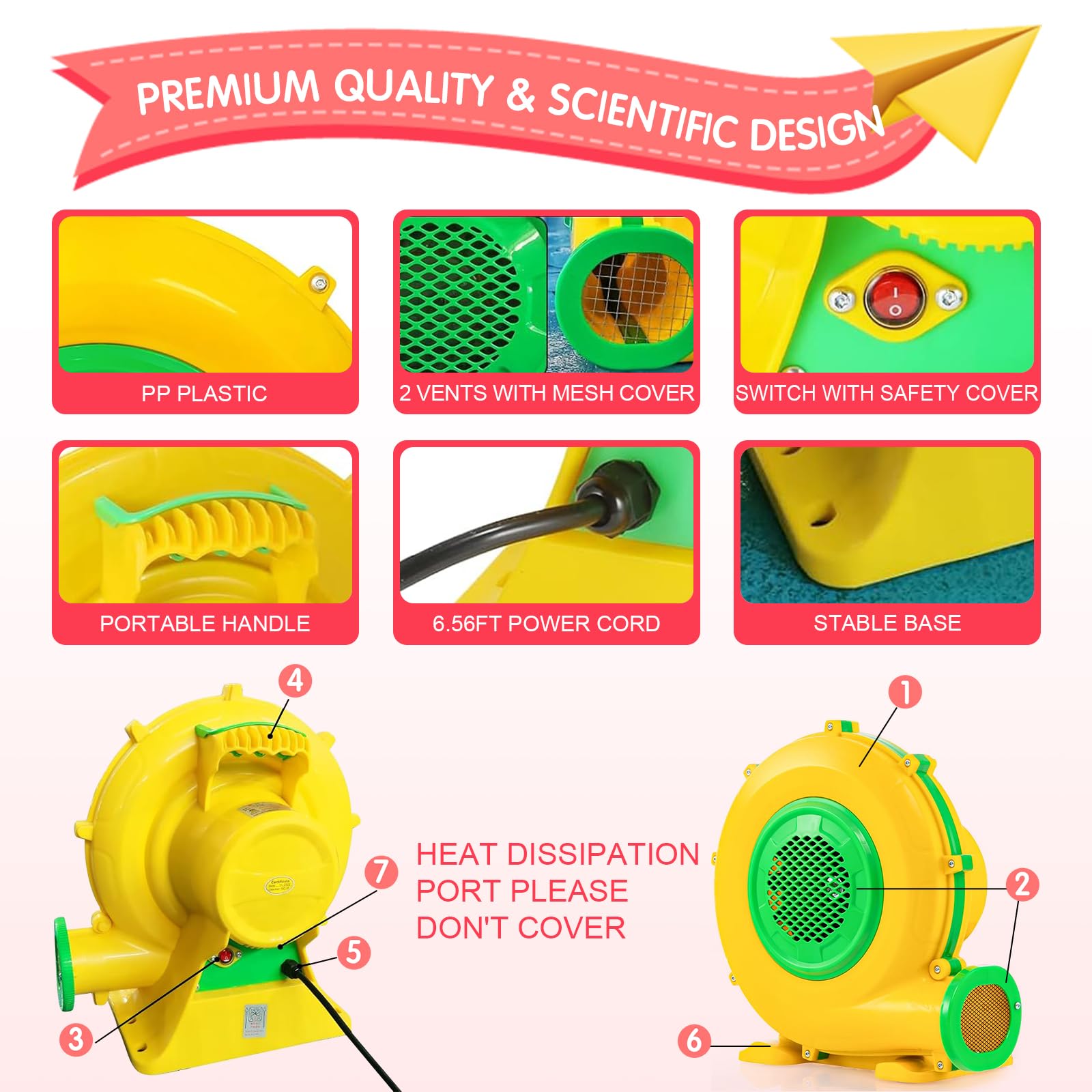 750W Soplador Eléctrico y Bomba de Aire con Mango y Estacas, Ventilador de Extracción Comercial para Castillo Hinchable, Castillo Inflable, Tobogán de Agua