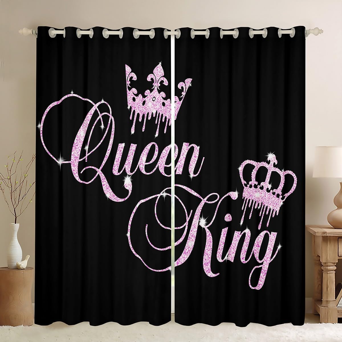Feelyou Crown Queen and King Couple Window Curtains for Bedroom Living Room His and Hers Window Drapes Treatments for Teens Women Men Black Pink Decor Curtains (No Glitter),38W X 54L,2 Panels