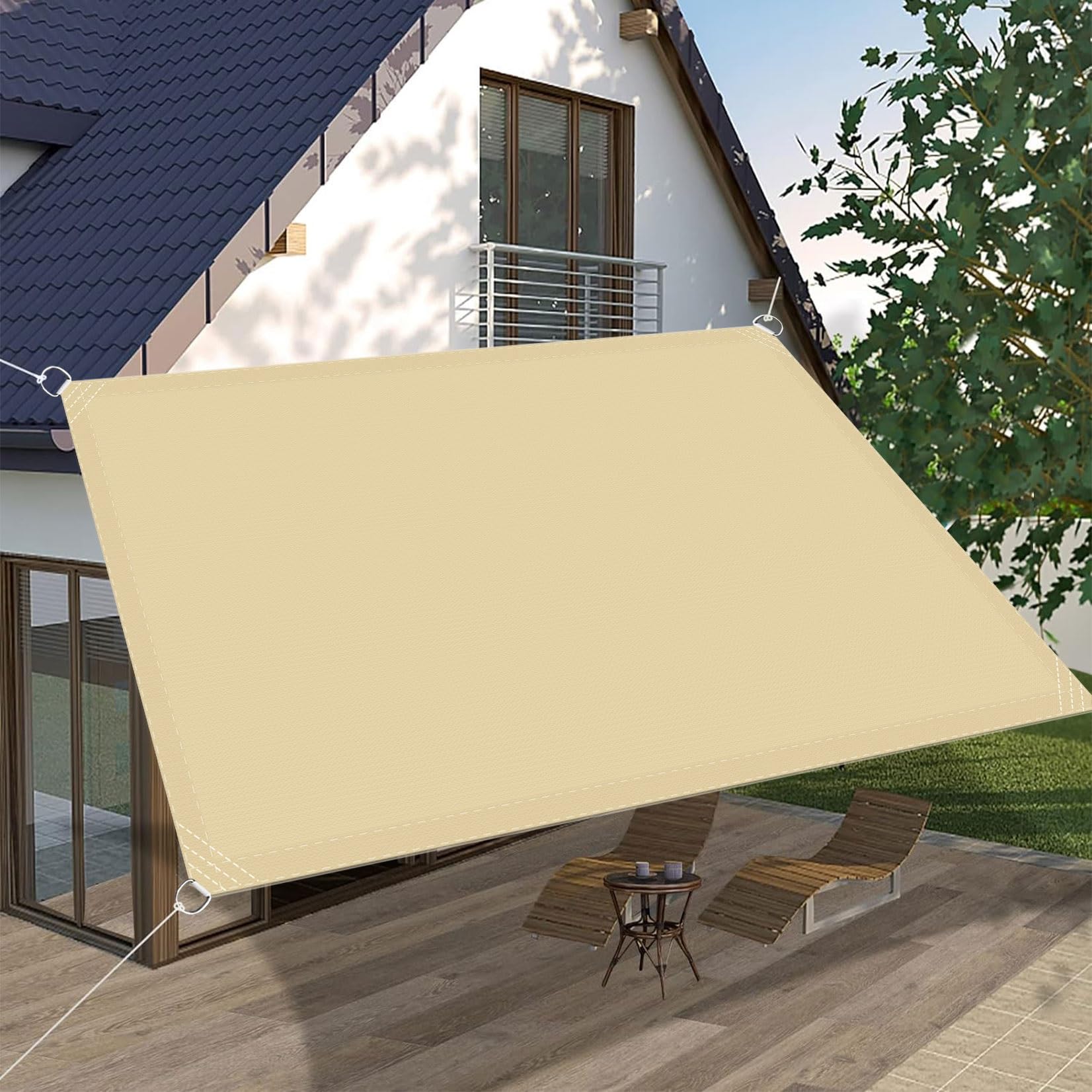 Toldo vela impermeable 1x1m crema en poliéster rectangular con cuerdas para pérgola