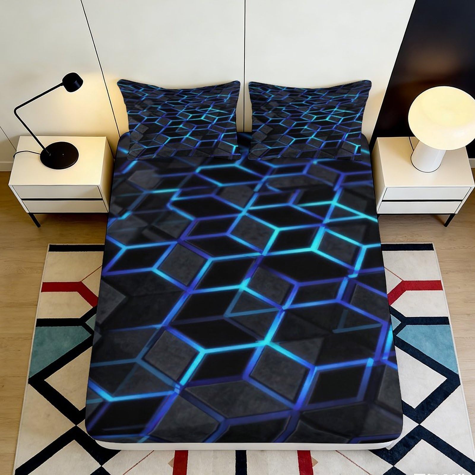 3D Printed Blue Geometric Fitted Sheet Microfiber Soft Breathable Hexagon Pattern Mattress Cover for Bedroom Dormitory Guest Room Mattress Protection 200x200x25cm