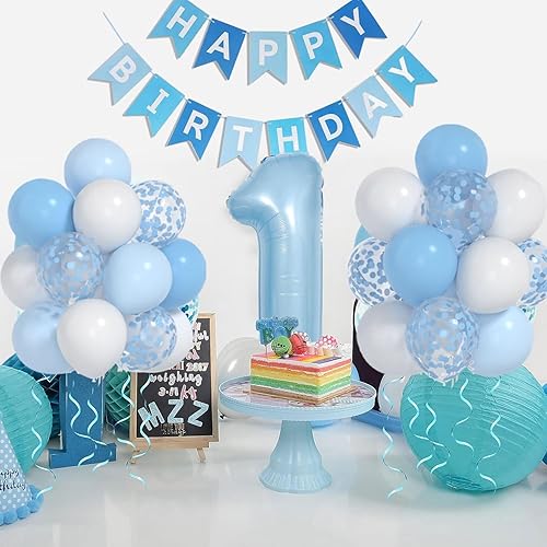Miniatura 4 de Globos de color azul y blanco bebé y 1 globo de 40 pulgadas, decoraciones de primer cumpleaños para niño con globos de confeti azul y blanco,