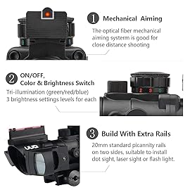 UUQ Prism 4x32 Red/Green/Blue Triple Illuminated Rapid Range Reticle Rifle Scope W/Top Fiber Optic Sight and Weaver Slots (BDC Reticle)